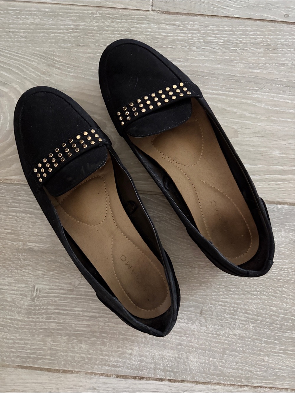 Black Studded Women's Loafers with Gold Accents
